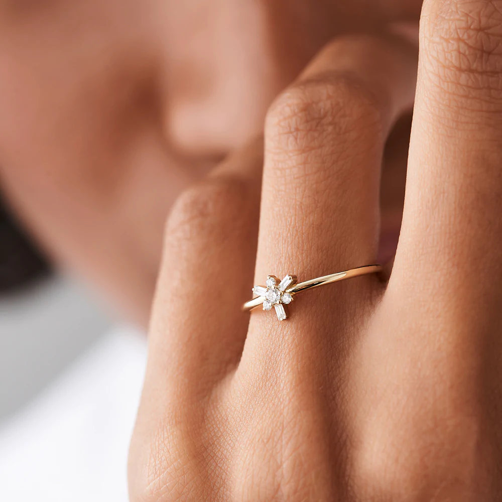Solid Gold Triangle Shape Baguette & Round Diamond Stacking Ring