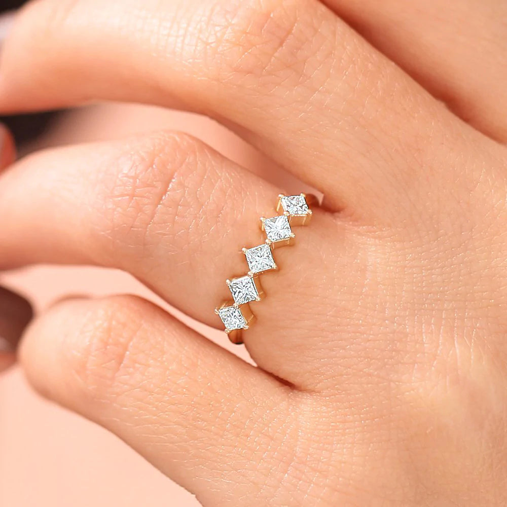 Solid Gold Princess Cut 5 Stone Diamond Wedding Ring