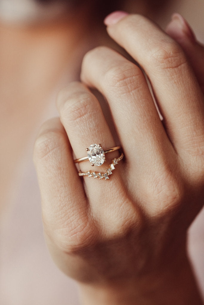 Solid Gold Baguette Diamond V Tracer with Pave Diamond Band