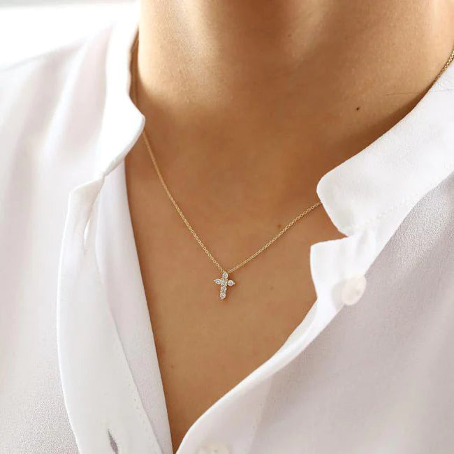Solid Gold Tiny Ball Diamond Cross Necklace