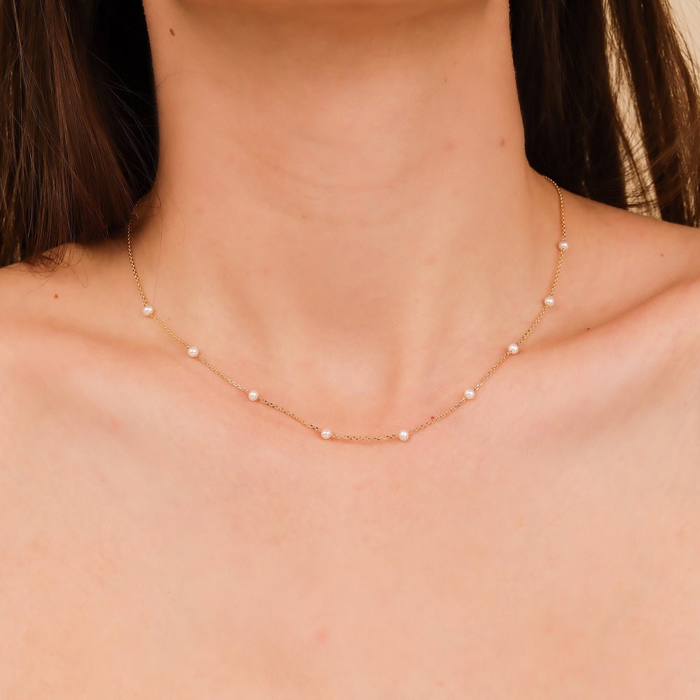 Solid Gold Pearl Station Necklace (59EA5C)