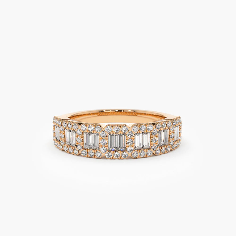 Solid Gold Unique Baguette and Round Diamond Anniversary Ring