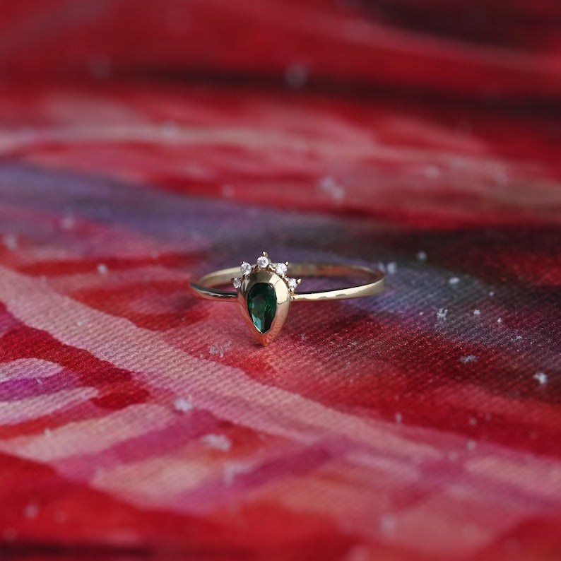 Solid Gold Pear Emerald Ring