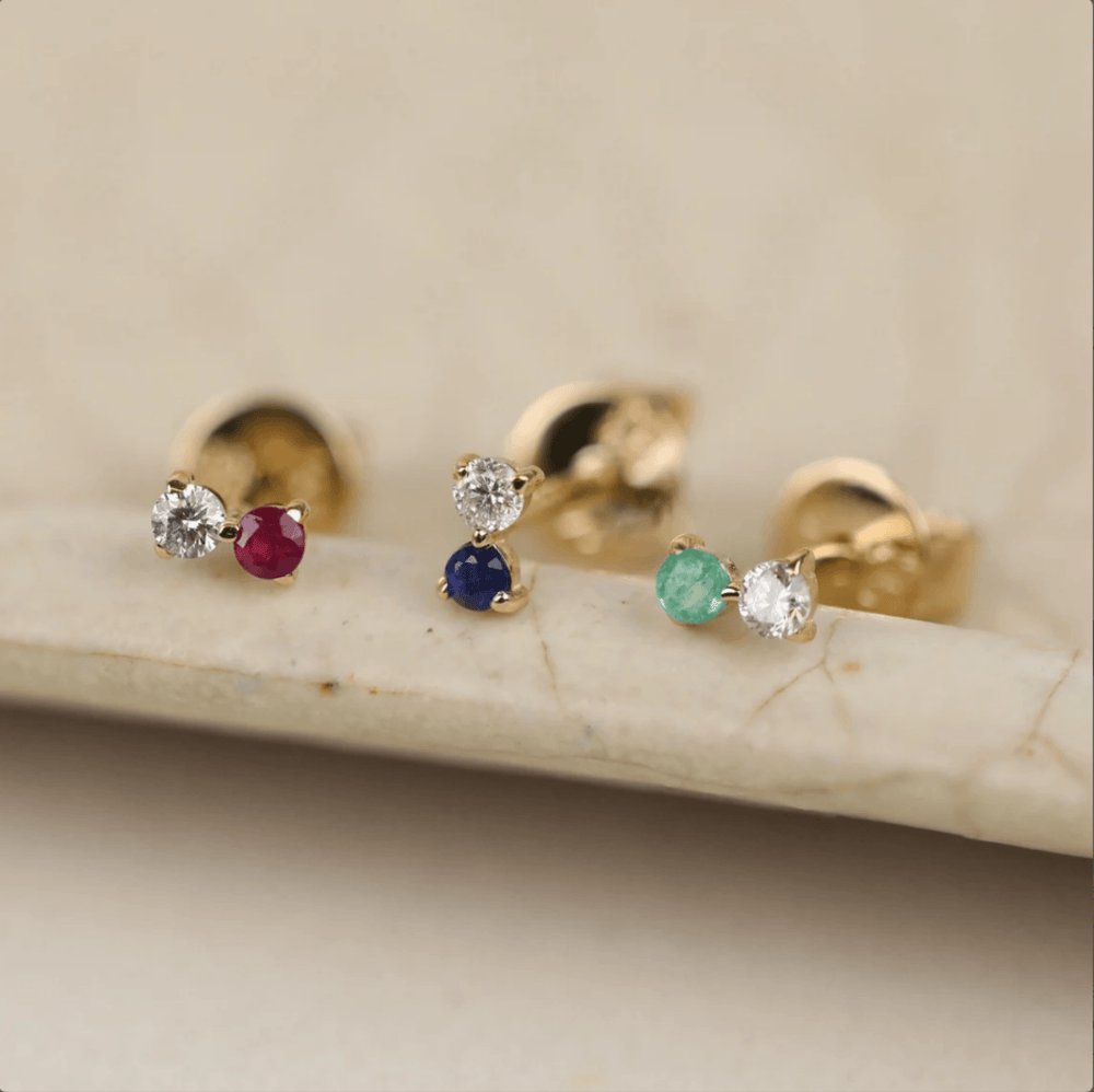 Solid Gold Emerald & Diamond Stud Earrings