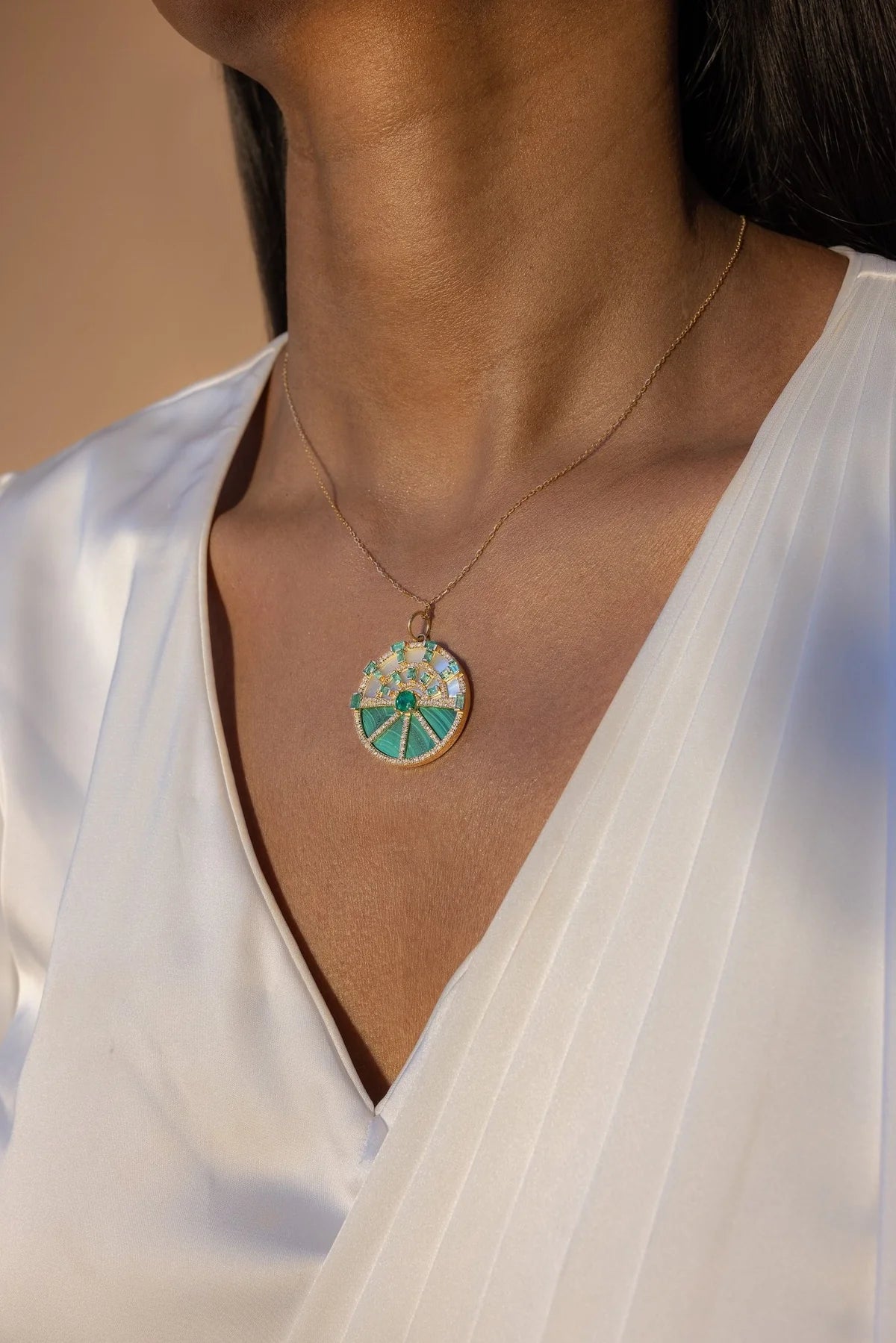 Solid Gold Emerald & Malachite Diamon Charm