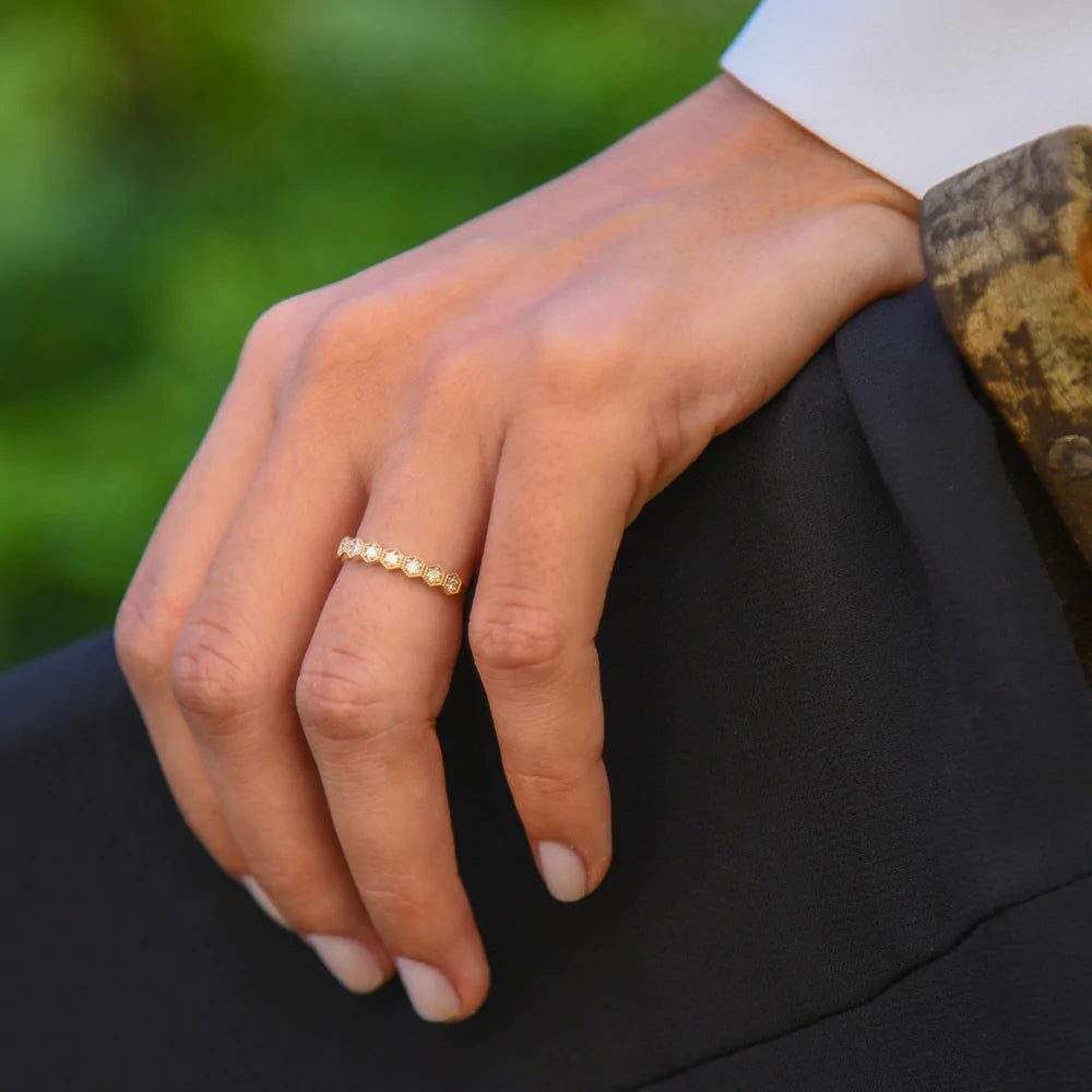 Solid Gold Hexagon Diamond Wedding Band