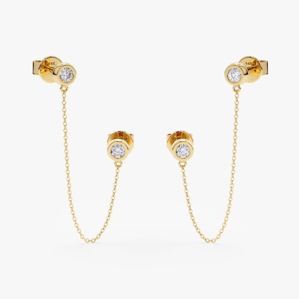 Solid Gold Double Diamond Hanging Chain Studs