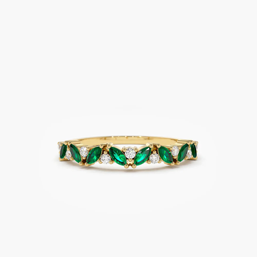 Solid Gold Slanted Emerald and Round Diamond Ring