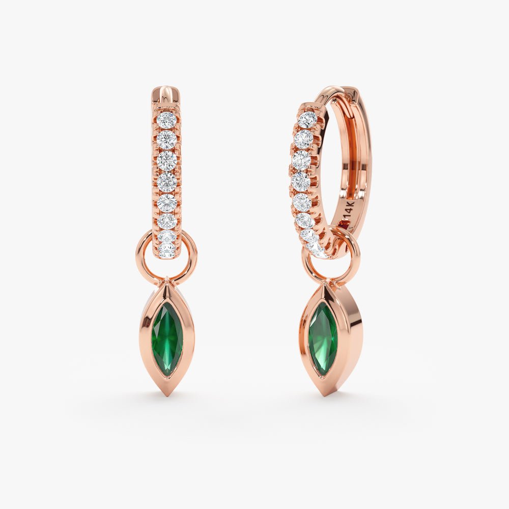 Solid Gold Marquise Emerald Charm Huggies