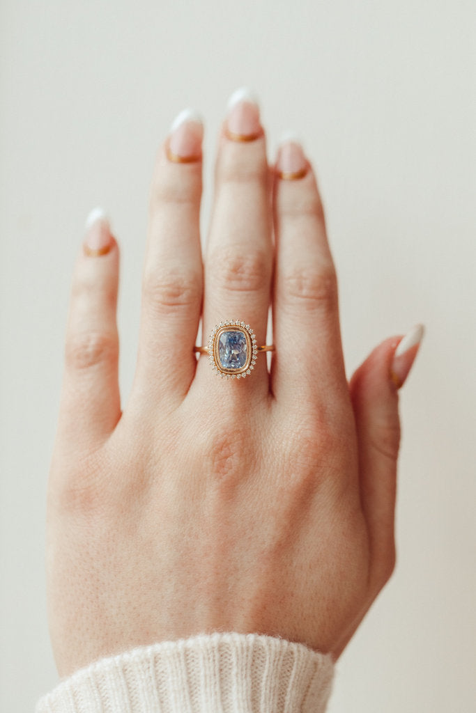Solid Gold Halo Ring The Nile 3.46 ct Cushion Blue Sapphire with .17 ct