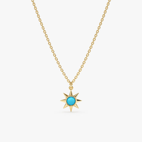 Solid Gold Turquoise Sun Necklace (3F610B)