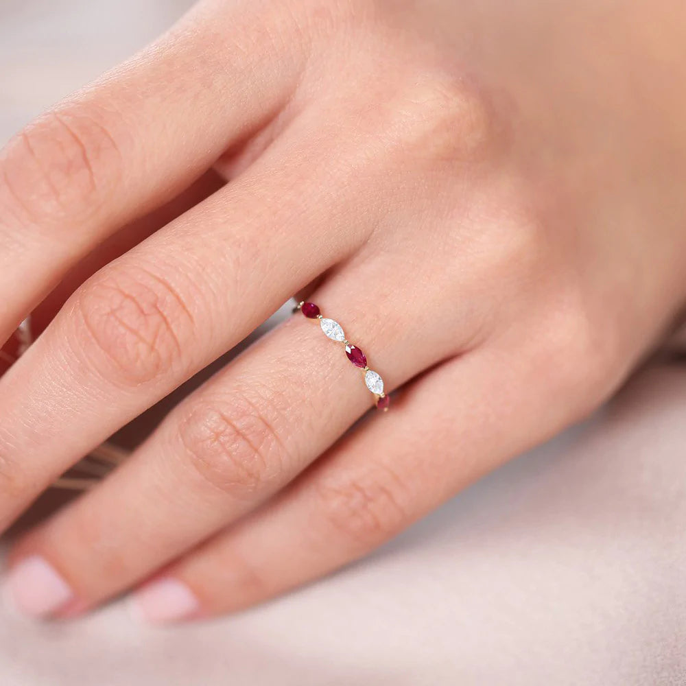 Solid Gold Ruby and Marquise Diamond Alternating Ring