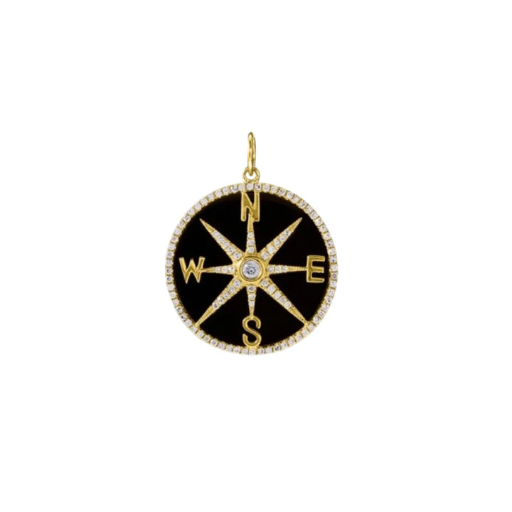 Solid Gold Diamond And Onyx Compass Charm