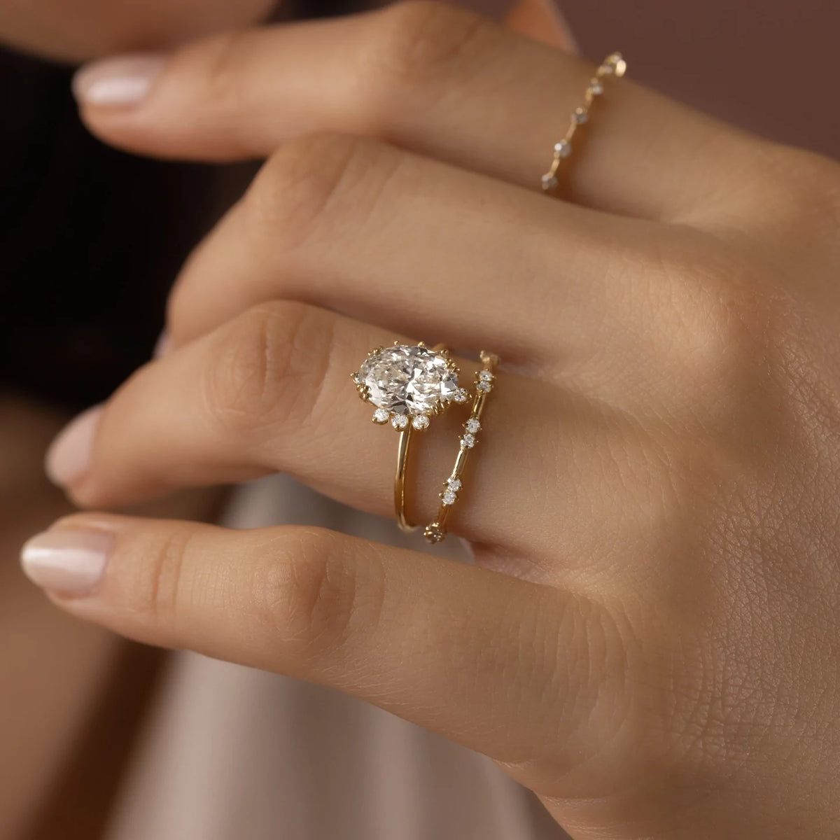 Solid Gold Threaded Ring with Halo, 2ct. Oval Cut Moissanite Diamond