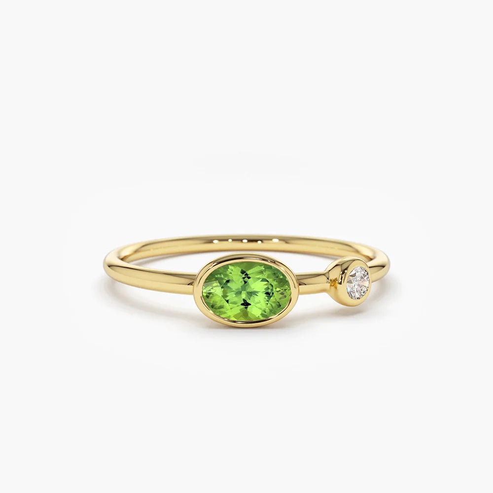 Solid Gold Oval Peridot and Diamond Ring