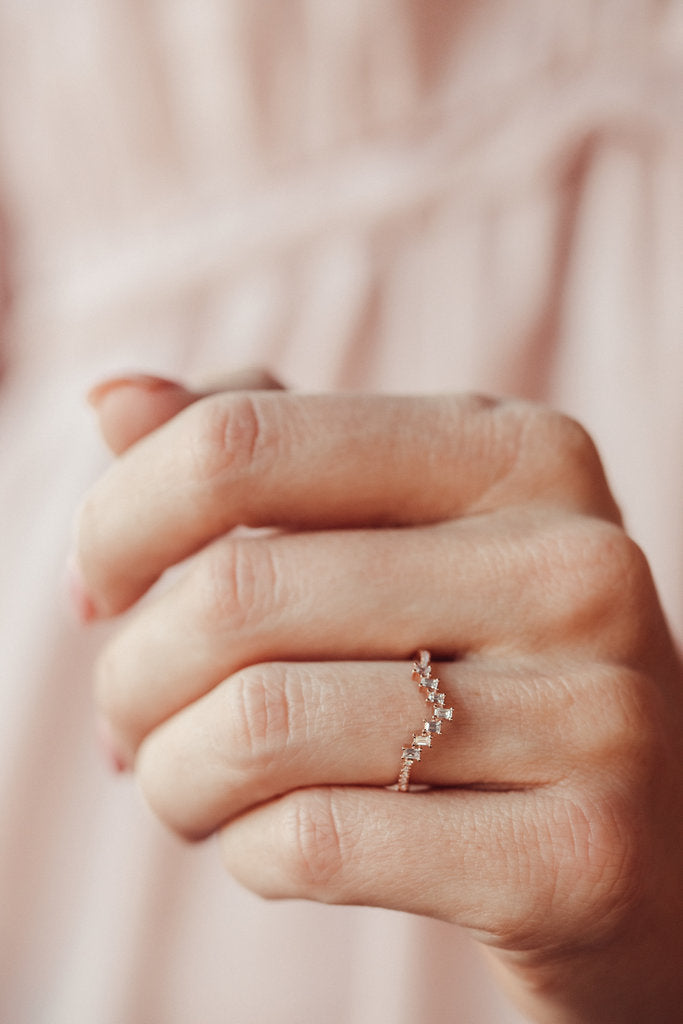 Solid Gold Baguette Diamond V Tracer with Pave Diamond Band