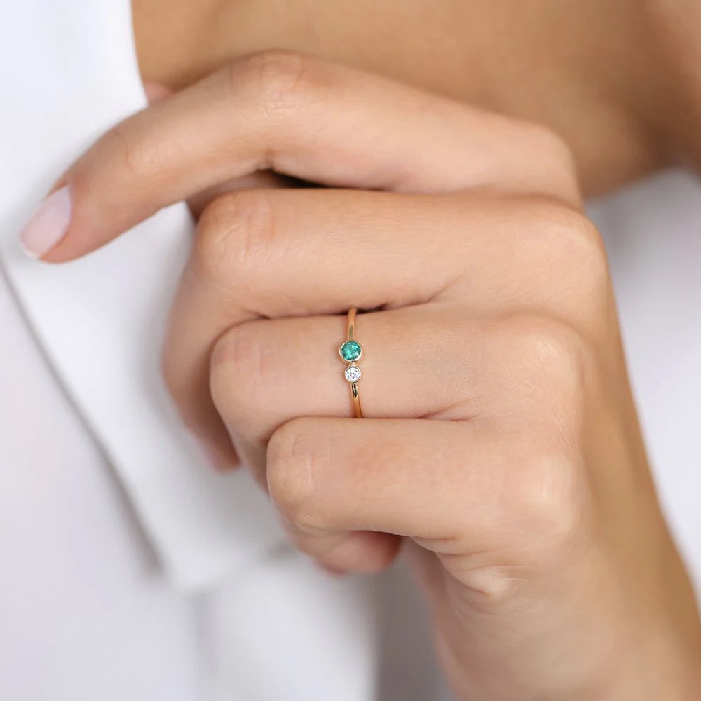 Solid Gold Bezel Setting Emerald and Diamond Ring