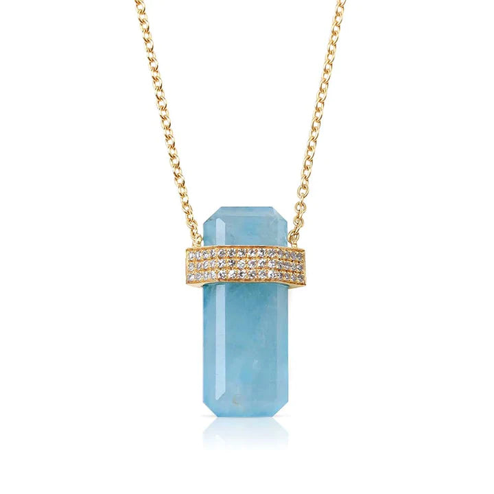 Solid Gold Aquamarine Crystal Necklace With Diamond