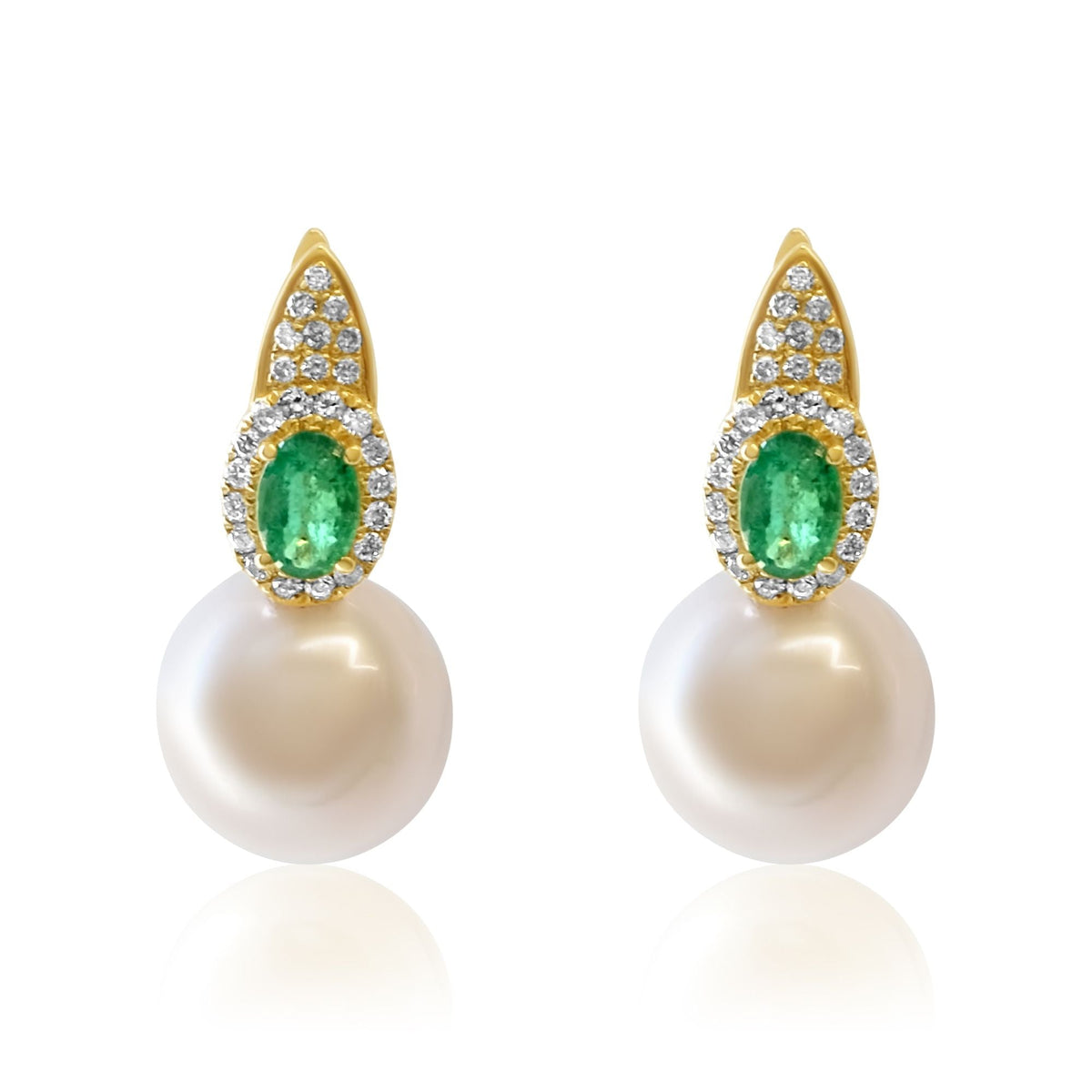 Solid Gold Pave Diamond Emerald Pearl Hoop Earring