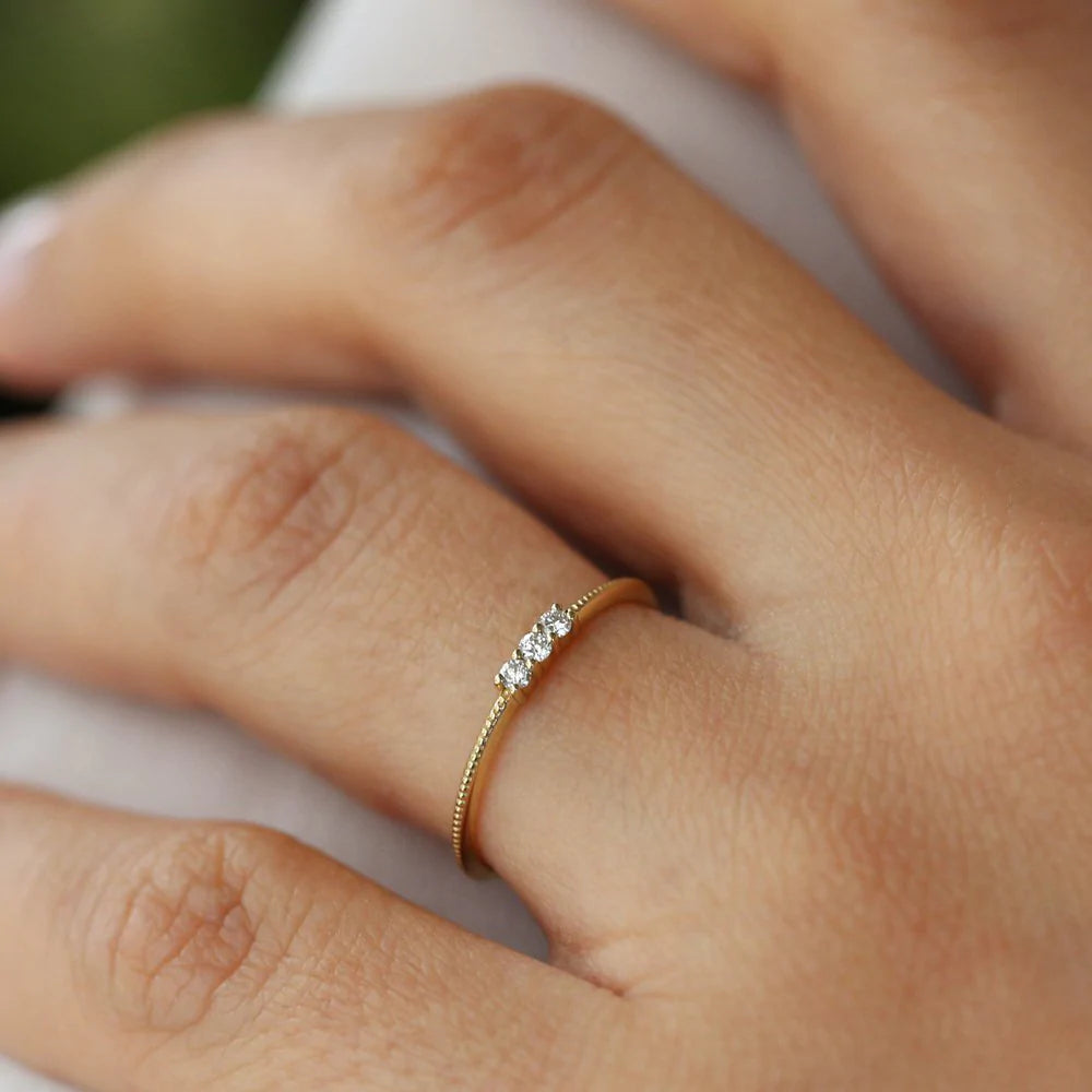 Solid Gold 3 Stone Beaded Diamond Ring