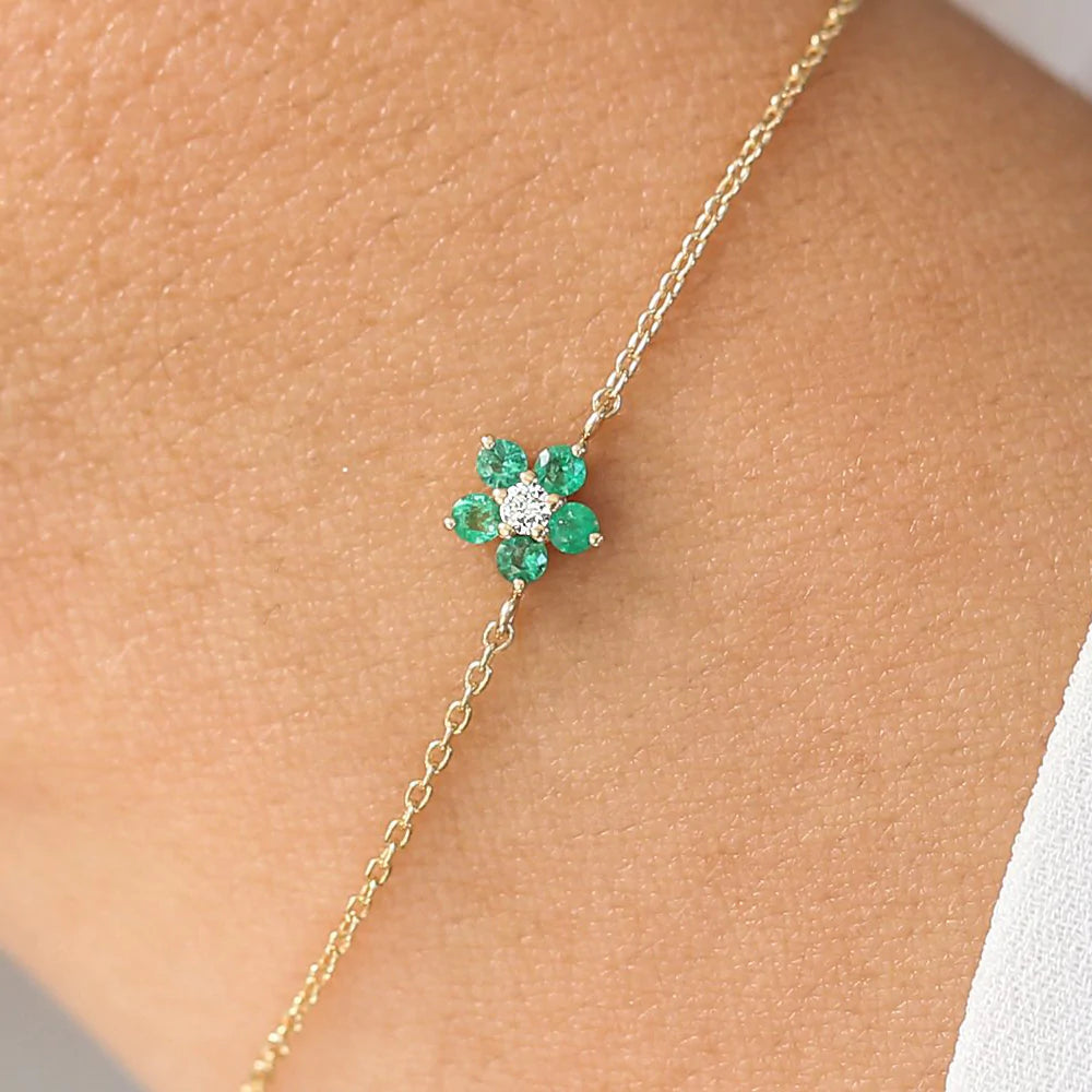 Solid Gold Emerald and Diamond Flower Charm Bracelet