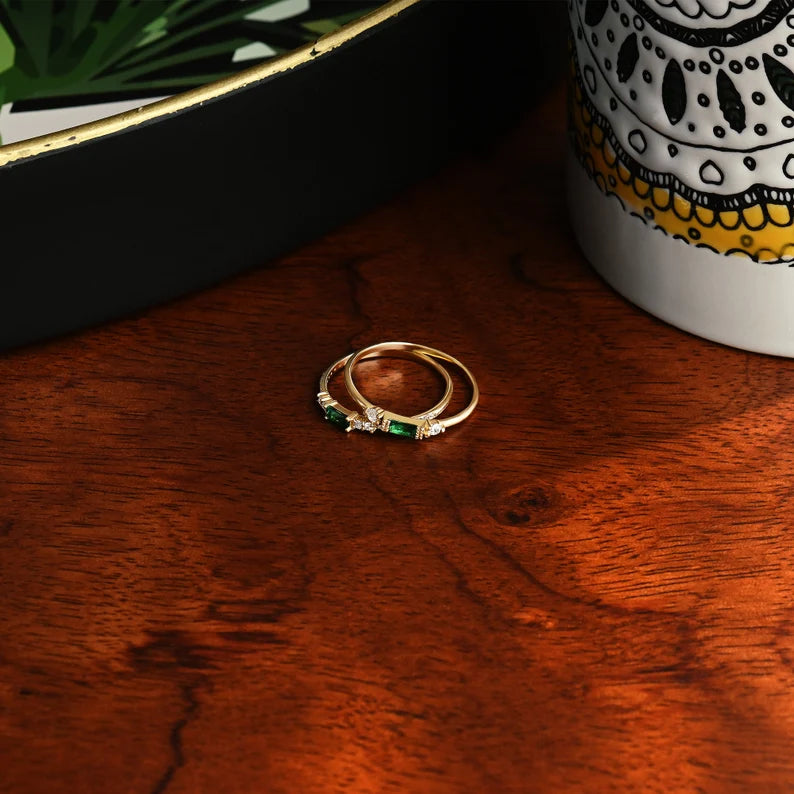 Solid Gold Emerald Baguette Band Ring