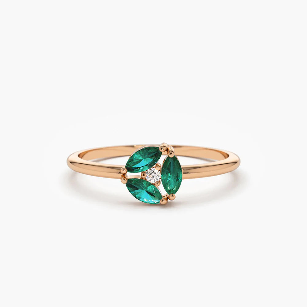 Solid Gold Marquise Emerald Cluster Ring (0F34A4)