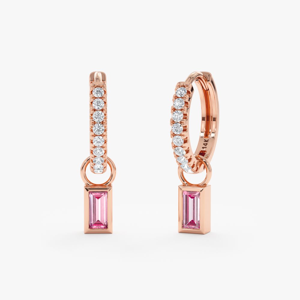 Solid Gold Baguette-Cut Gemstone Charm Huggies