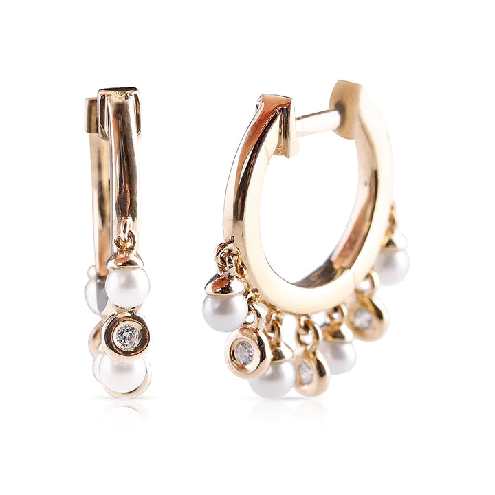 Solid Gold Lucy Pearl And Diamond Dangle Huggies
