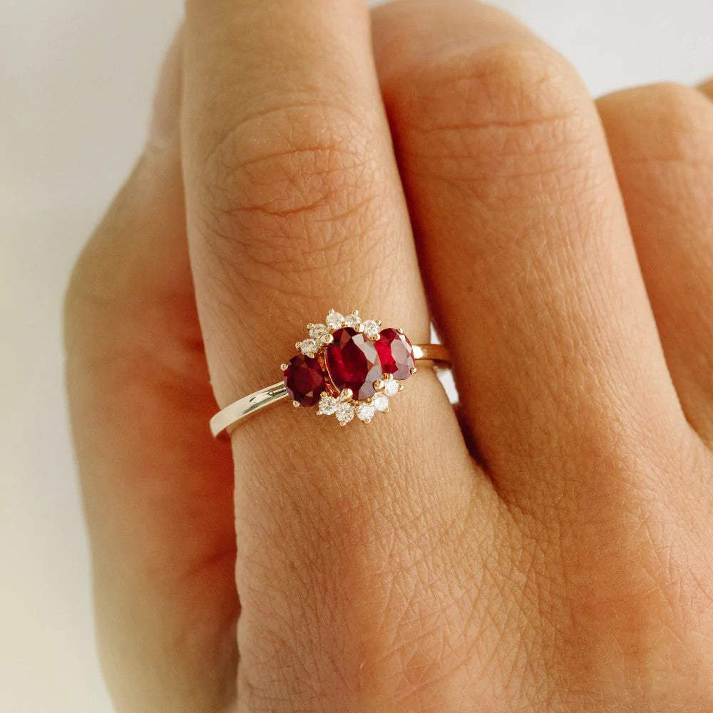 Solid Gold Three Stone Ruby Cluster Ring