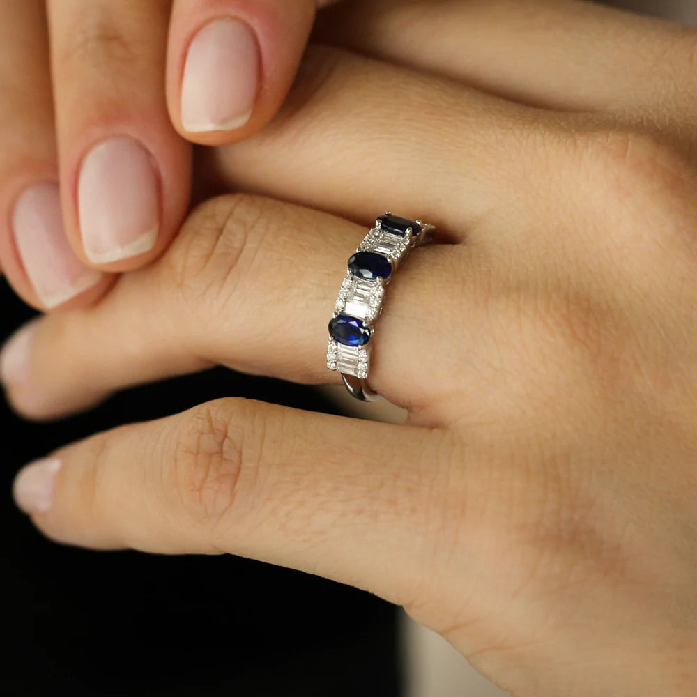 Solid Gold Baguette & Round Diamond with Genuine Sapphire Ring