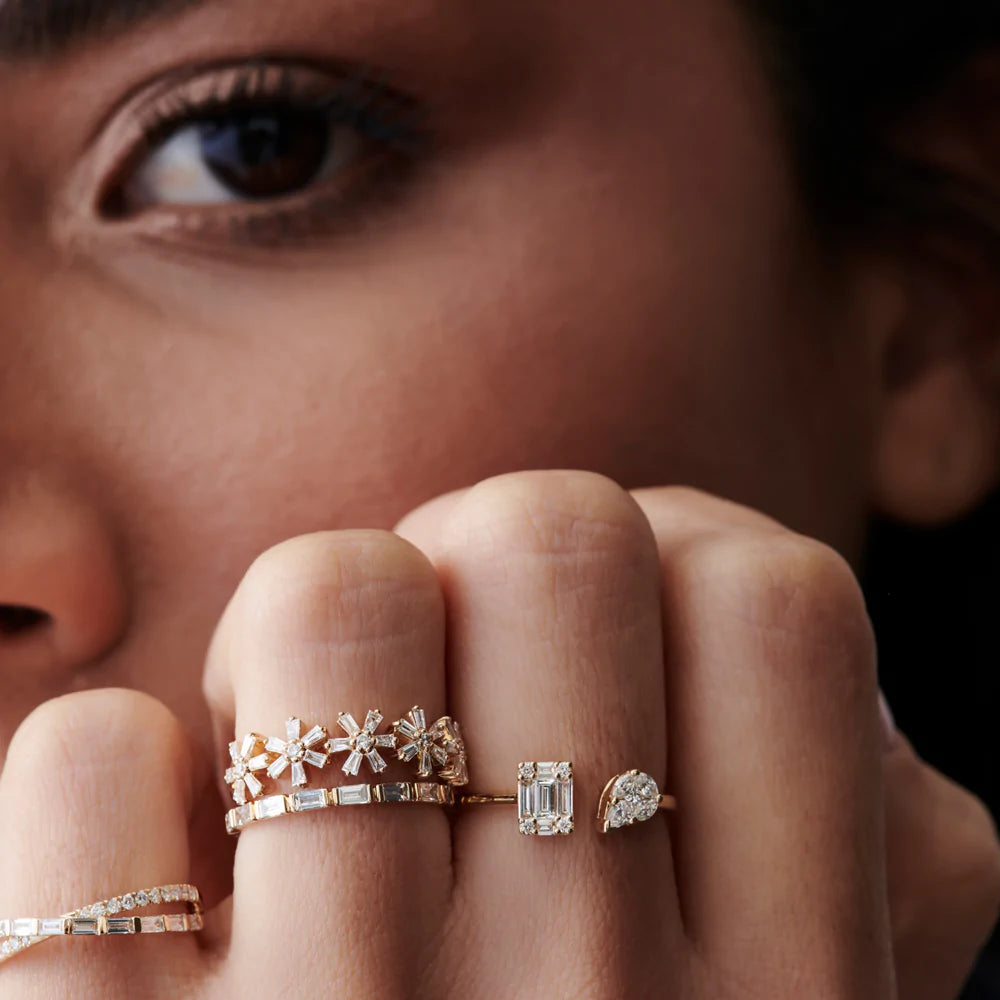 Solid Gold Baguette Diamond Multi Flower Design Ring