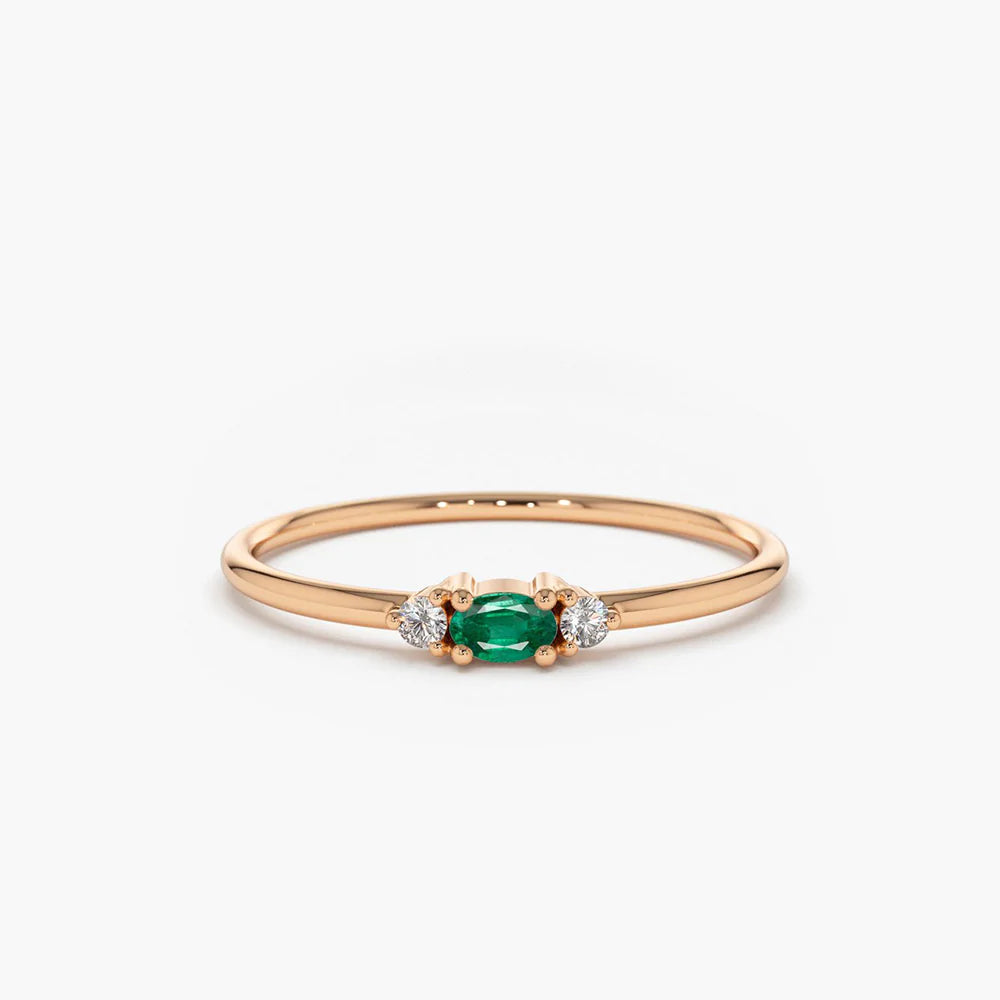 Solid Gold Mini Oval Emerald Ring with Diamonds Ring