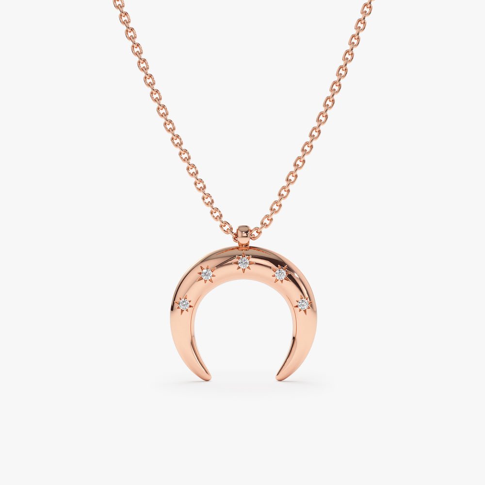 Solid Gold Star Studded Crescent Horn Necklace (3BB320)