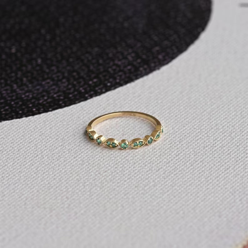 Solid Gold Emerald Art Deco Wedding Band Ring