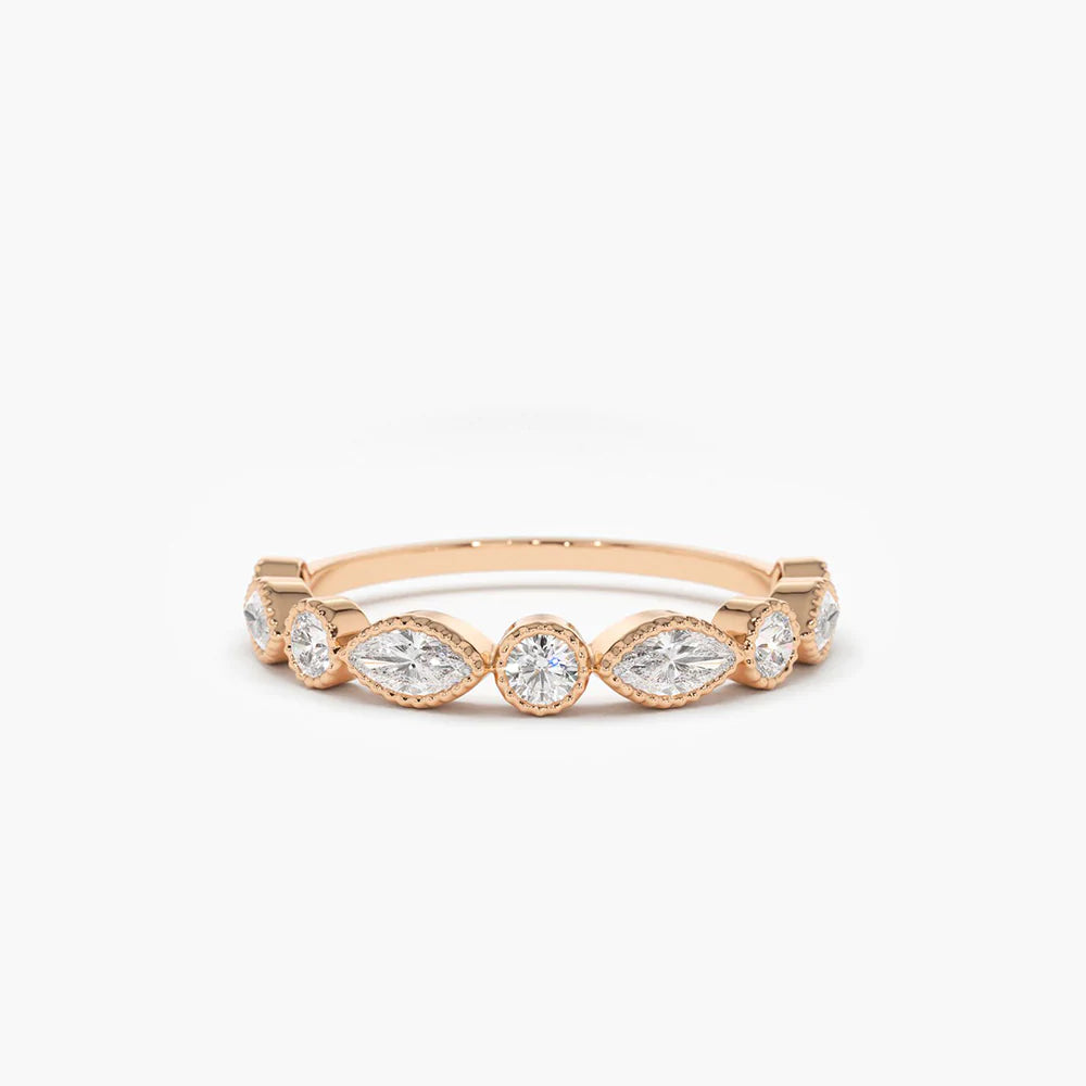 Solid Gold Marquise and Round Diamond Milgrain Bezel Setting Ring