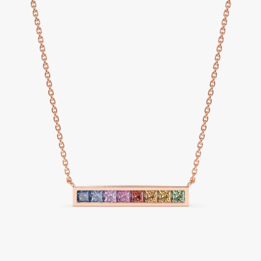 Solid Gold Long Rainbow Sapphire Bar Necklace (193CB8)