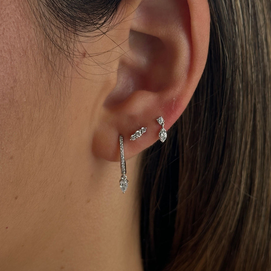 Solid Gold Diamond Round Marquise Drop Stud Earring