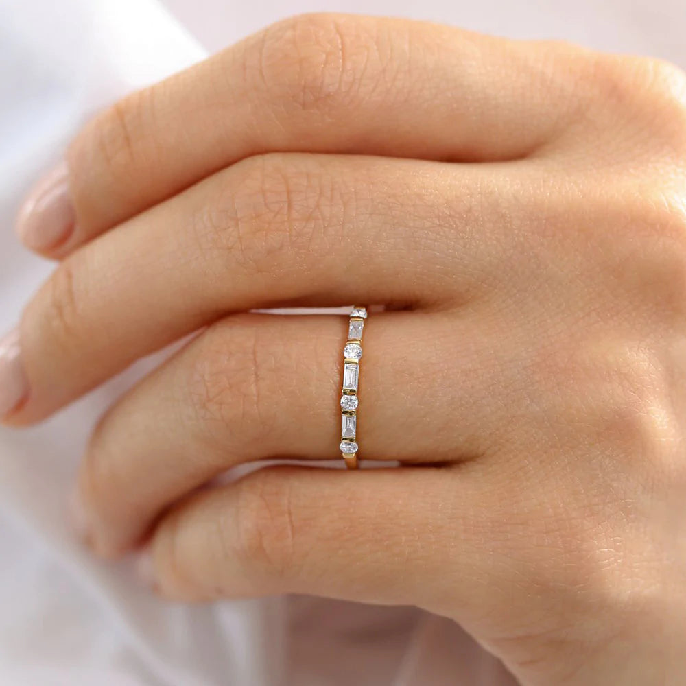 Solid Gold Alternating Baguette and Round Diamond Wedding Ring