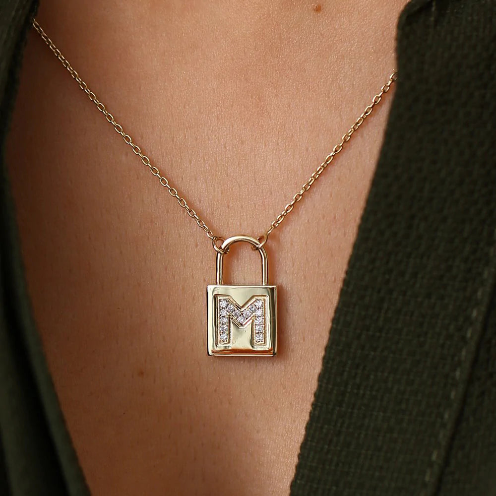 Solid Gold Padlock Initial Necklace