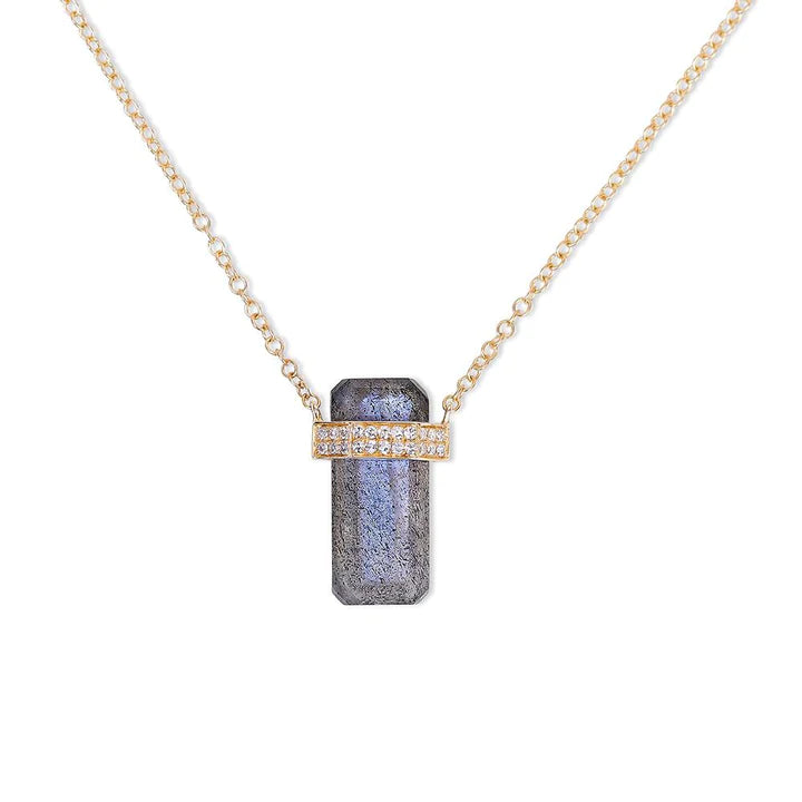 Solid Gold Labradorite Crystal Necklace With Double Diamond Band