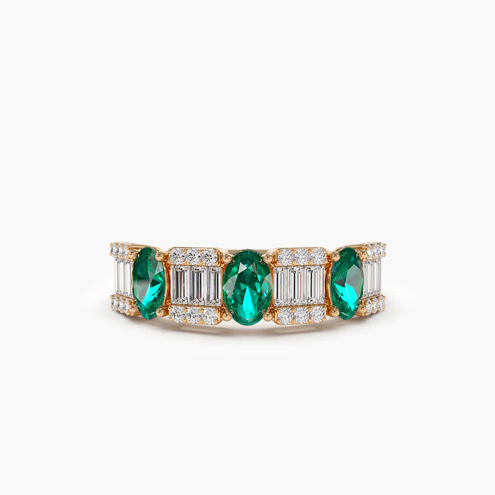Solid Gold Baguette & Round Diamond with Genuine Emerald Ring