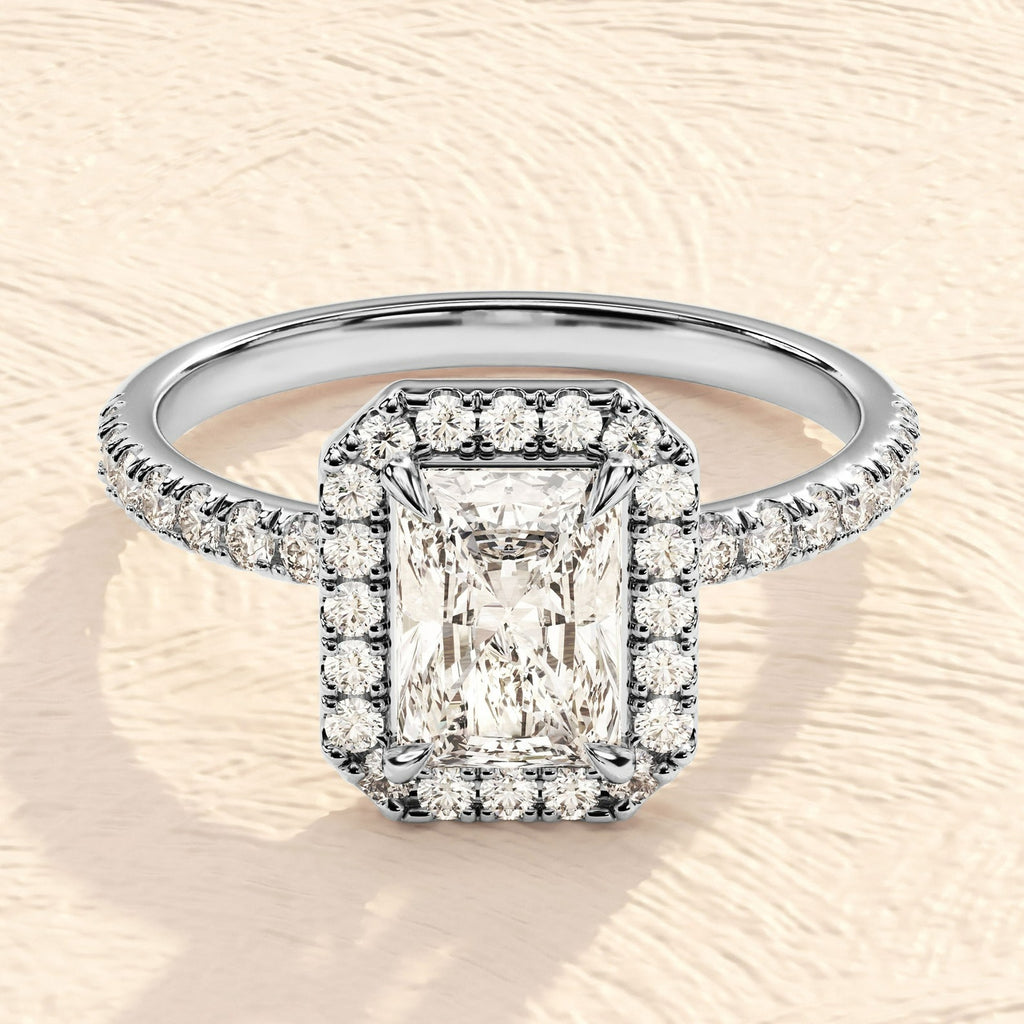 Solid Gold 3 CT Lab Grown Emerald Cut Halo Engagement Ring