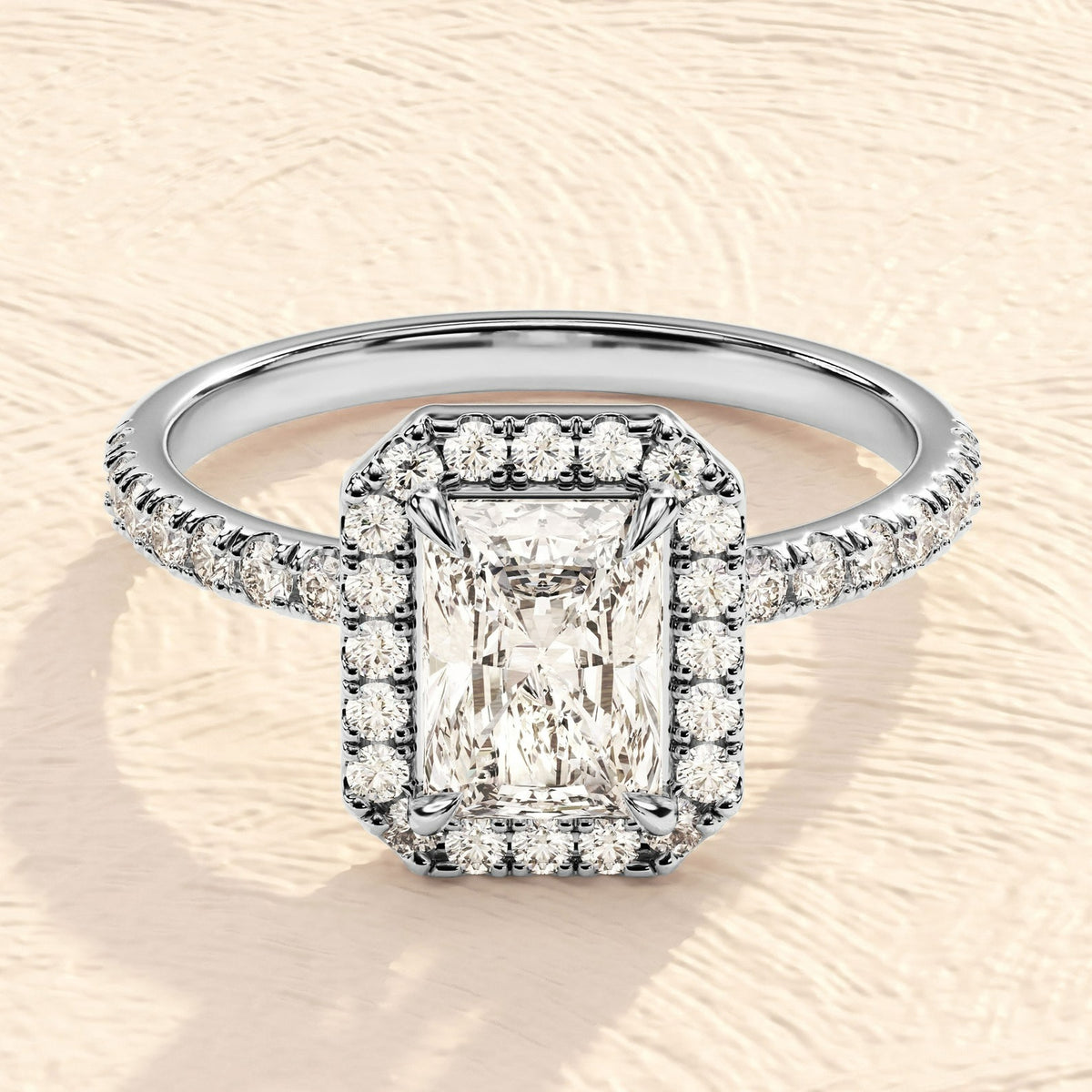 Solid Gold 4 CT Lab Grown Emerald Cut Halo Engagement Ring