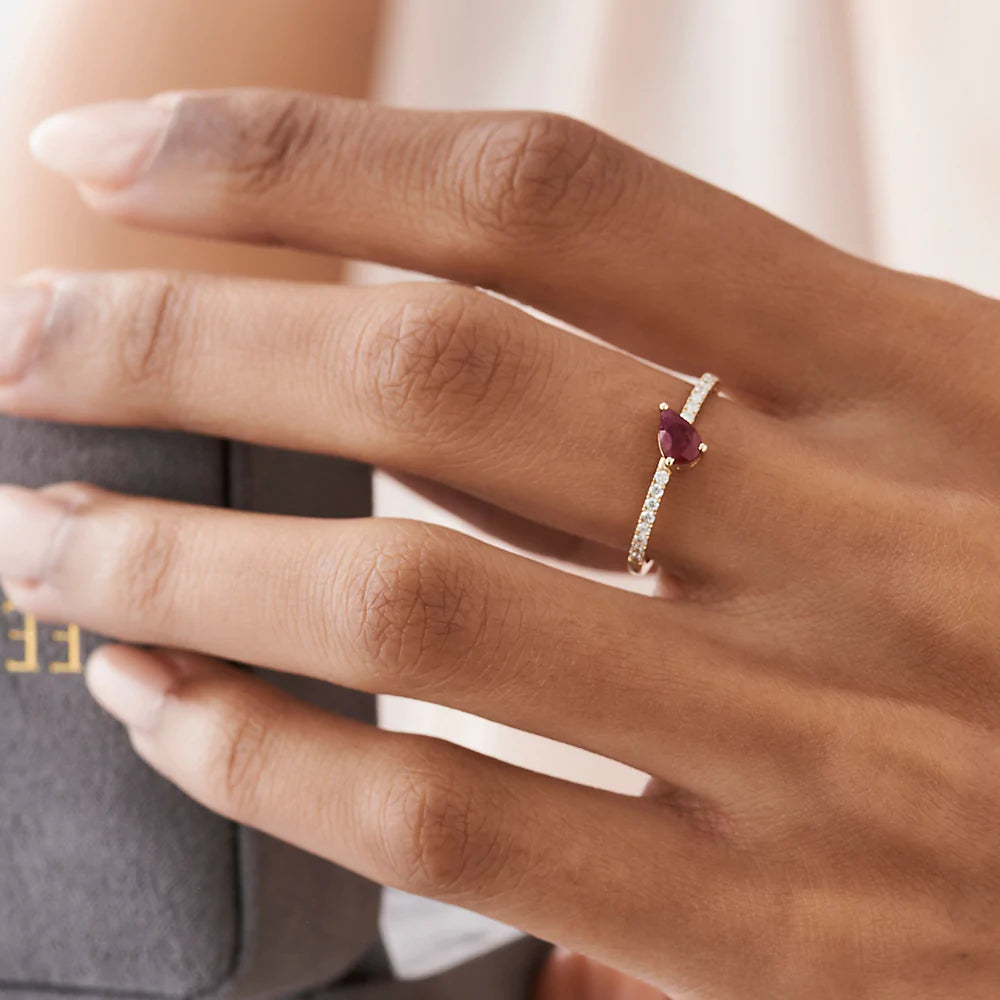 Solid Gold Slanted Pear Shape Ruby Ring with Pave Diamonds
