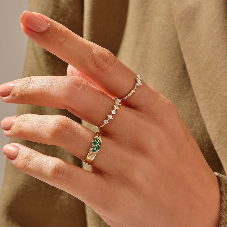 Solid Gold Emerald Cluster Band Ring