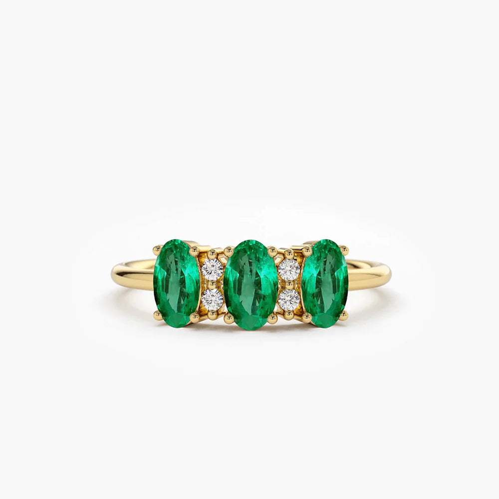 Solid Gold Triple Oval Emerald Diamond Ring
