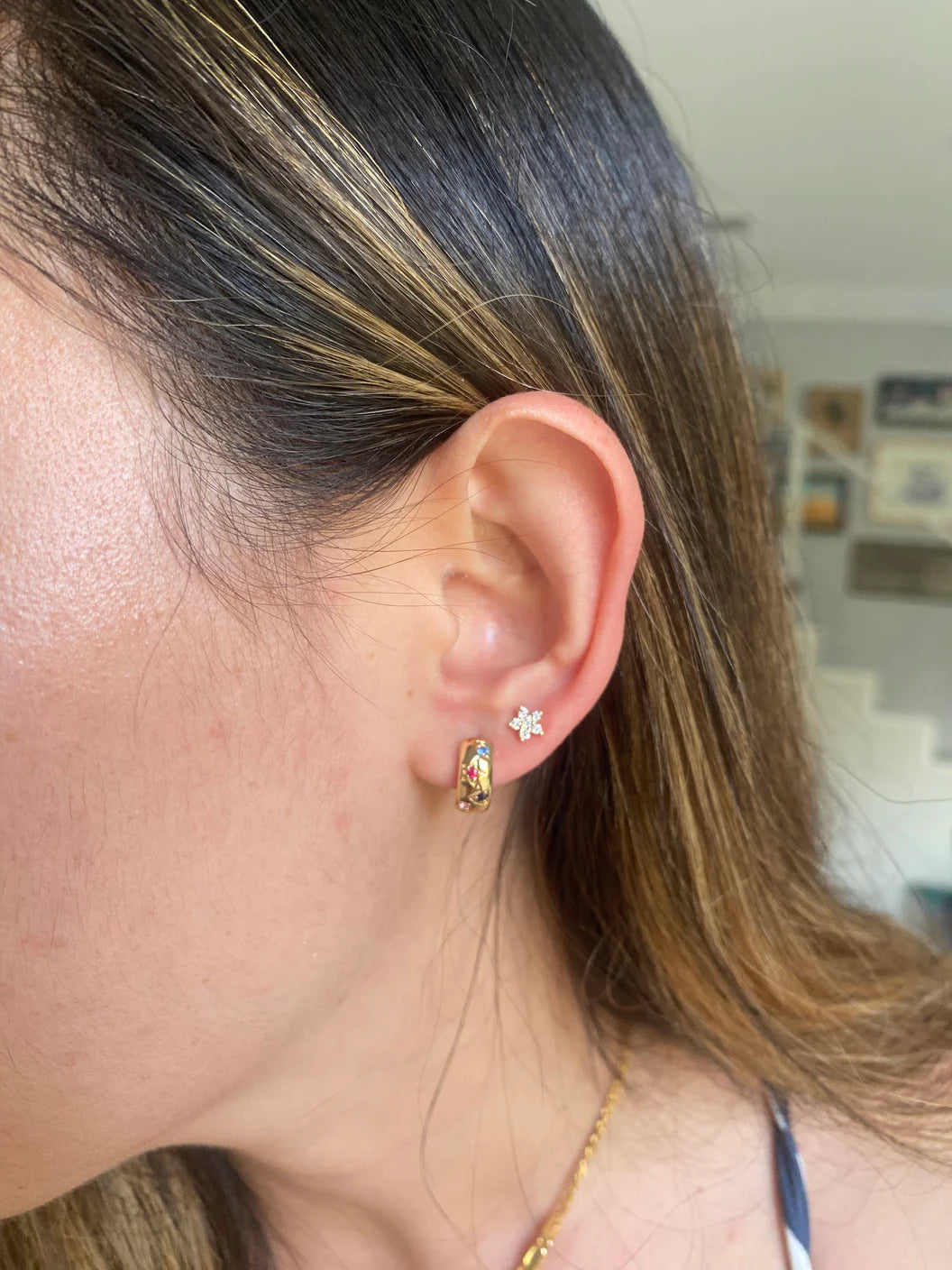 Solid Gold Diamond Flower Stud Earrings
