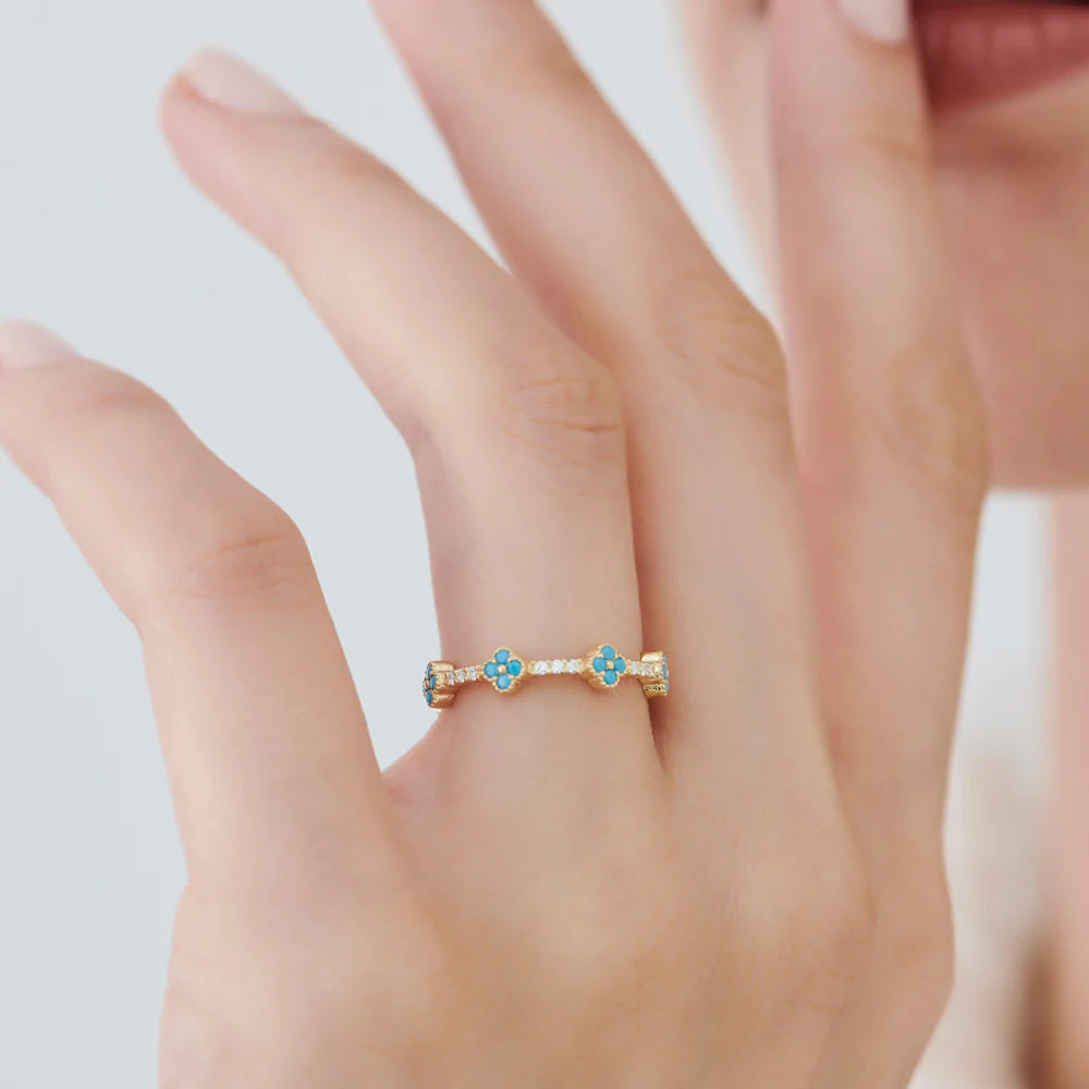 Solid Gold Full Eternity Clover Turquoise and Diamond Ring