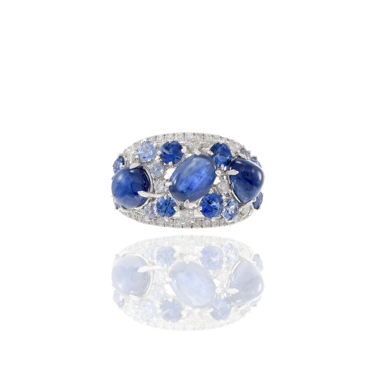 Solid Gold Cabochon Blue Sapphire and Diamond Ring